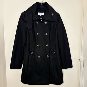 Calvin Klein Black Pea Coat double breasted Wool Size 8